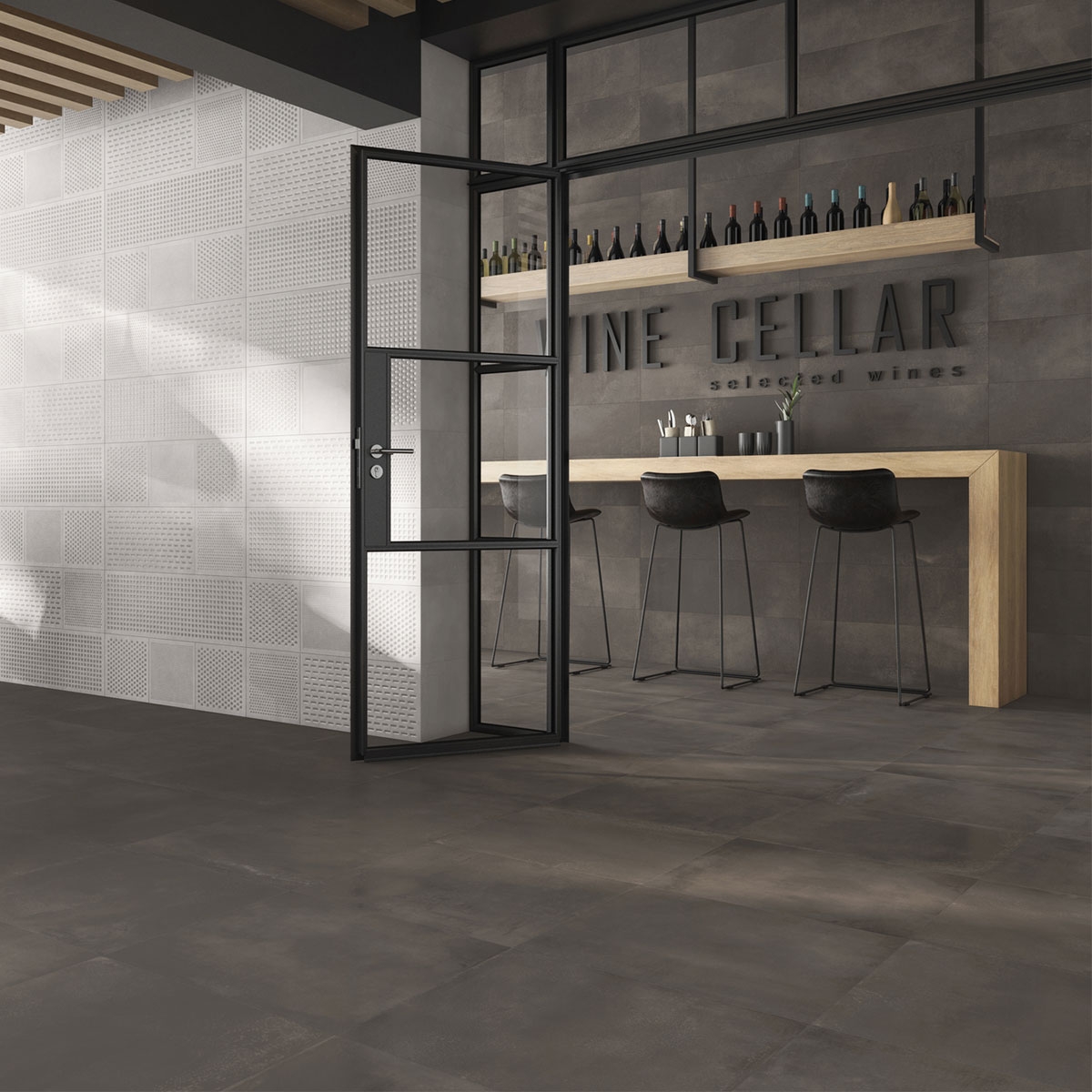 Interior com pavimento Gravity Iron 60x60