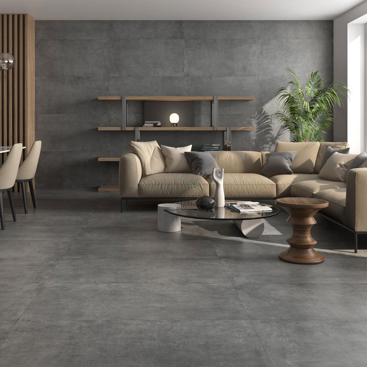 Interior con pavimento Concret Grey 60x120