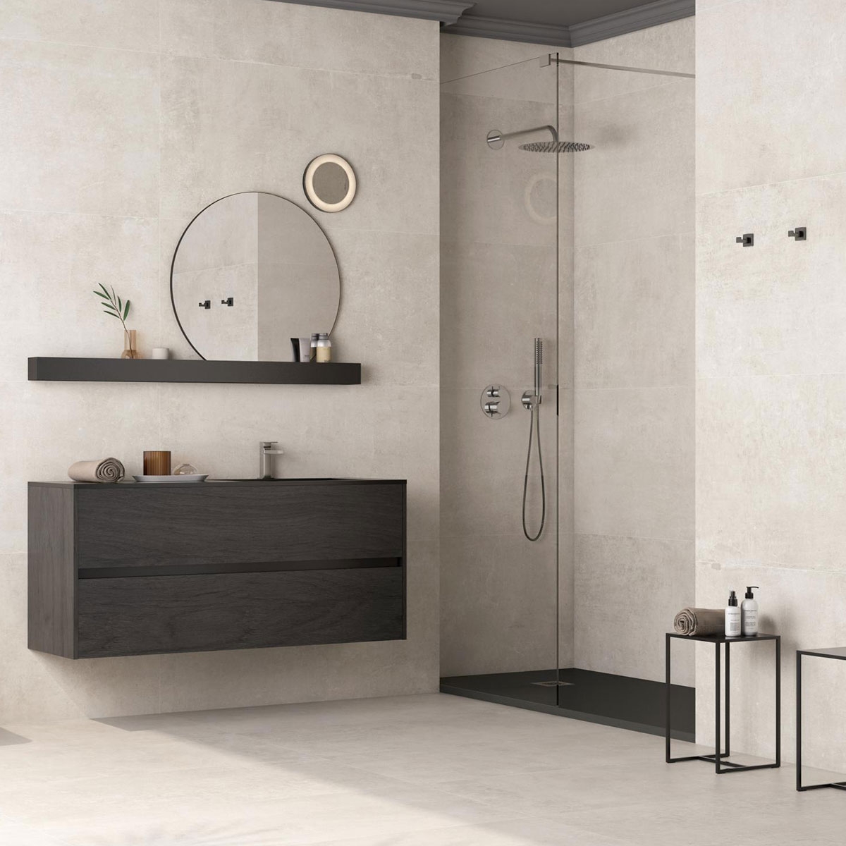 Salle de bain avec carreaux muraux et de sol Béton Ivoire 60x120