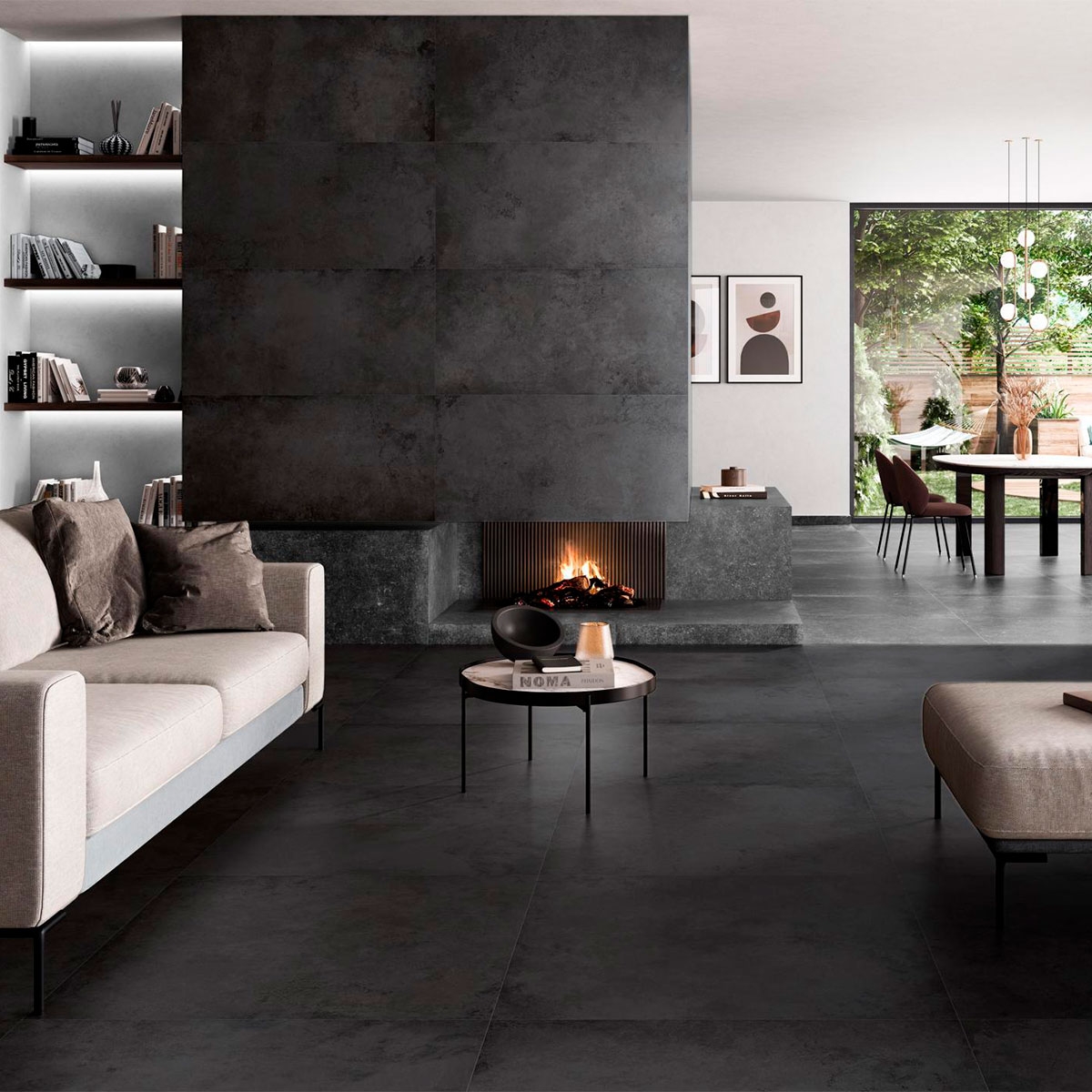 Sala con pavimento Alloy Coal 60x60