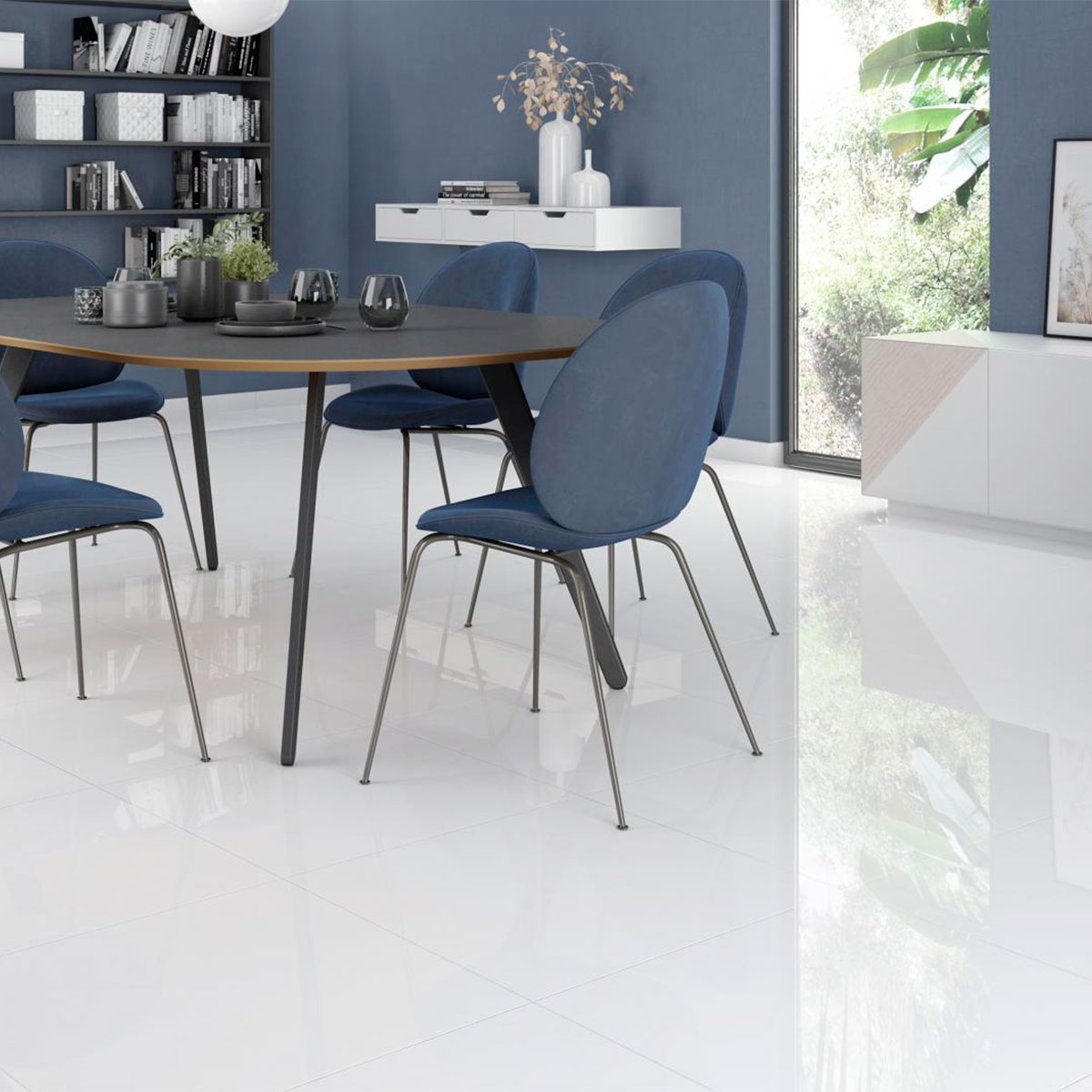 Sala de estar com pavimento AT Gloss White 60.8x60.8