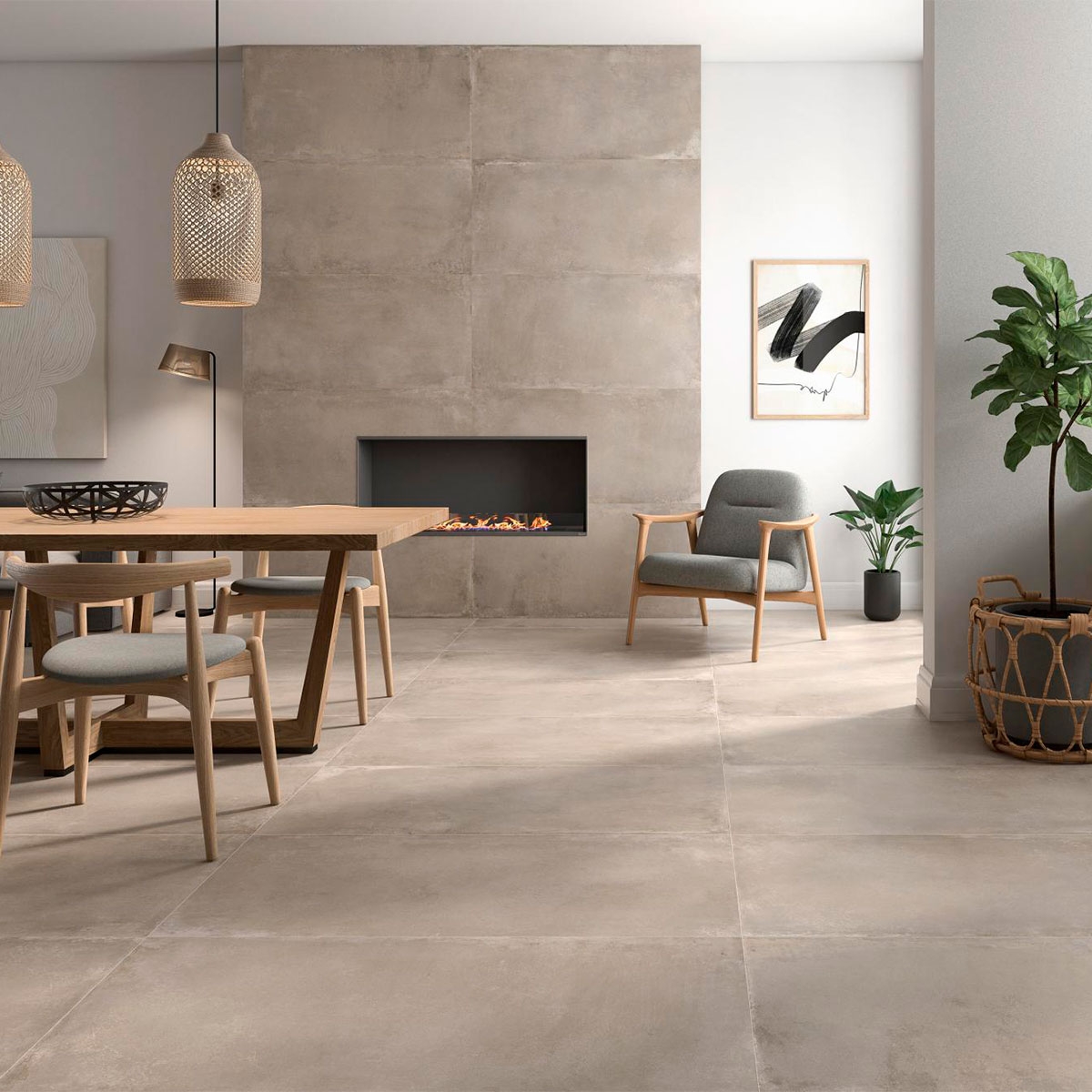 Interior con pavimento AT Hazel Marfil 60x120