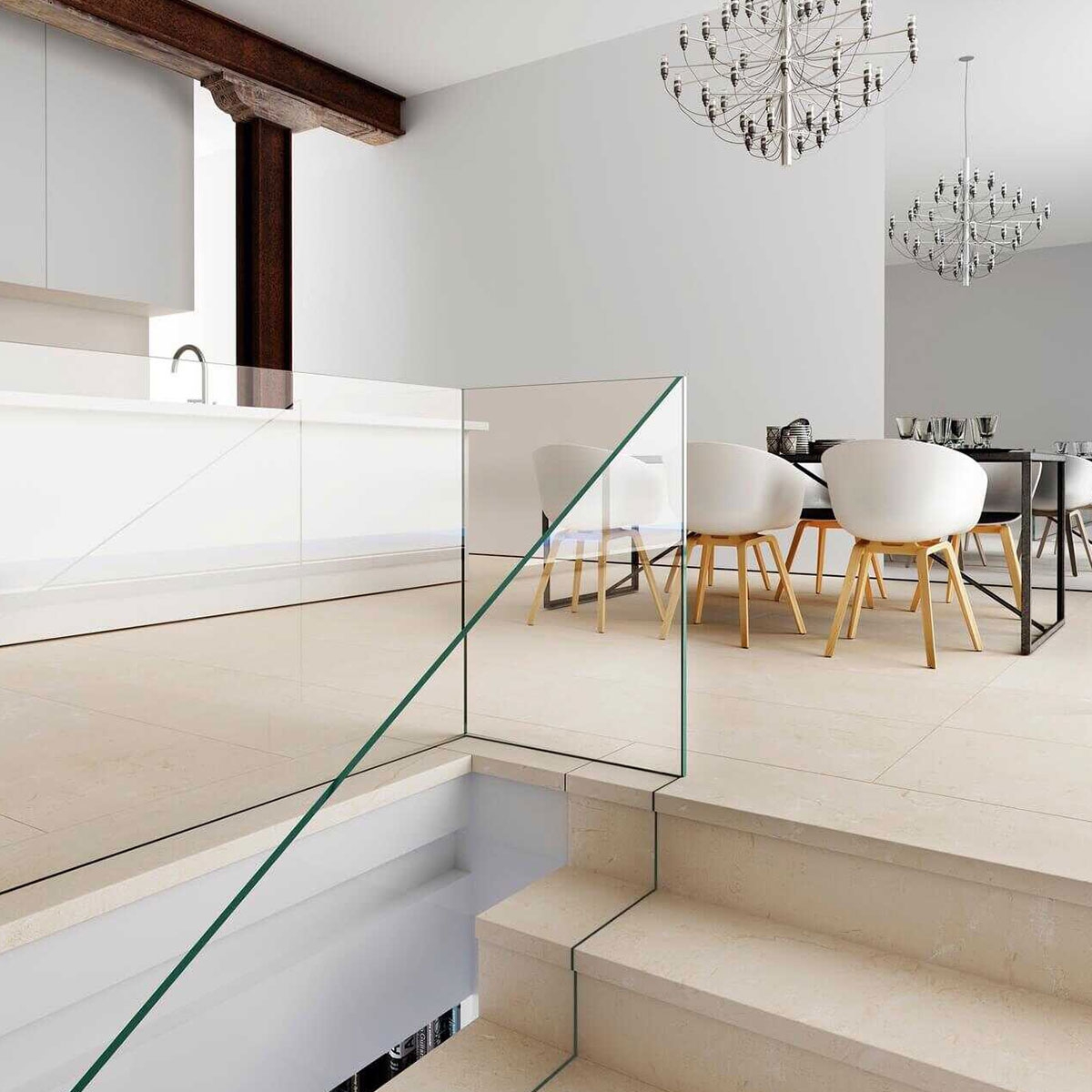 Interior com Straight Step 120 Marbles Crema Marfil Antiderrapante 33x120x3