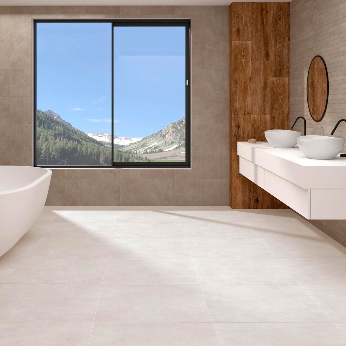 Salle de bain avec sol en AT. Blaze Ext. Ivoire antidérapant 60.8x60.8