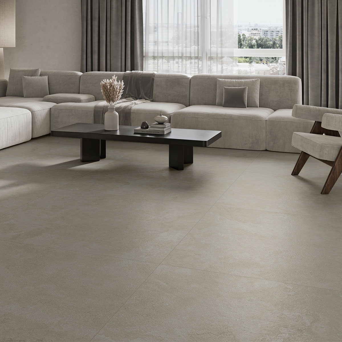 Interior con pavimento Westone Taupe Lapado 120x120