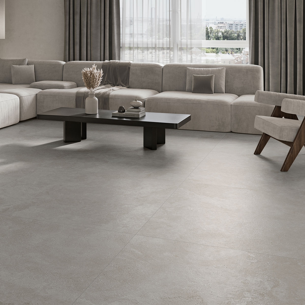 Interior com pavimento Westone Greige Lapado 120x120