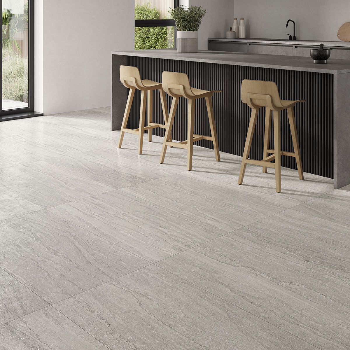 Cocina con pavimento Eastone Greige Mate 60x120