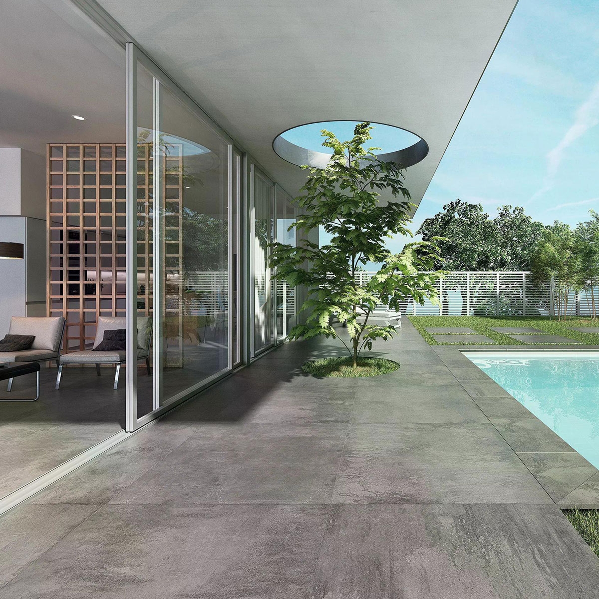 Ambiente con pavimento Ópera Iron Antideslizante 120x120