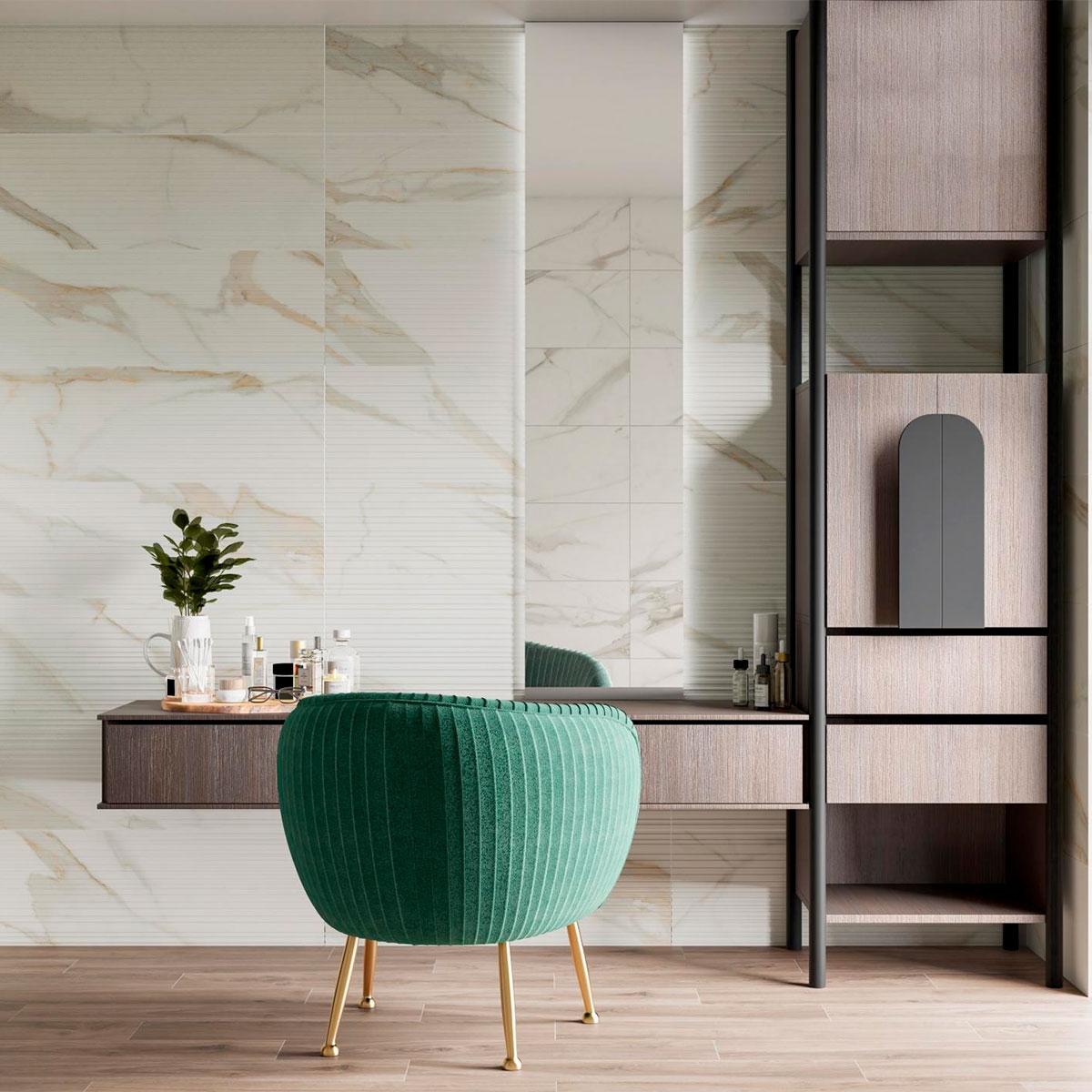 Interior con revestimiento Calacata Gold Relieve Agar 30x90