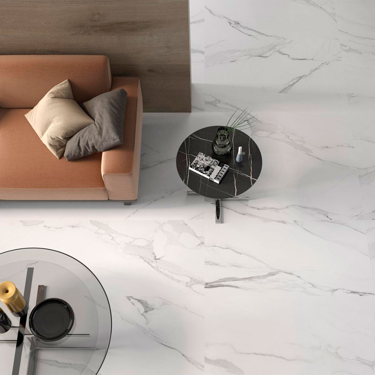 Living room with Calacata White Polished floor 60x120