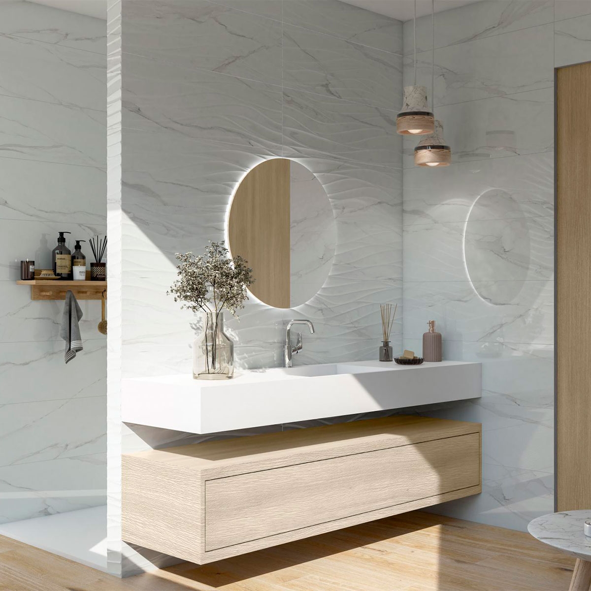 Badezimmer mit Calacata White Relief Crest-Beschichtung 30x90