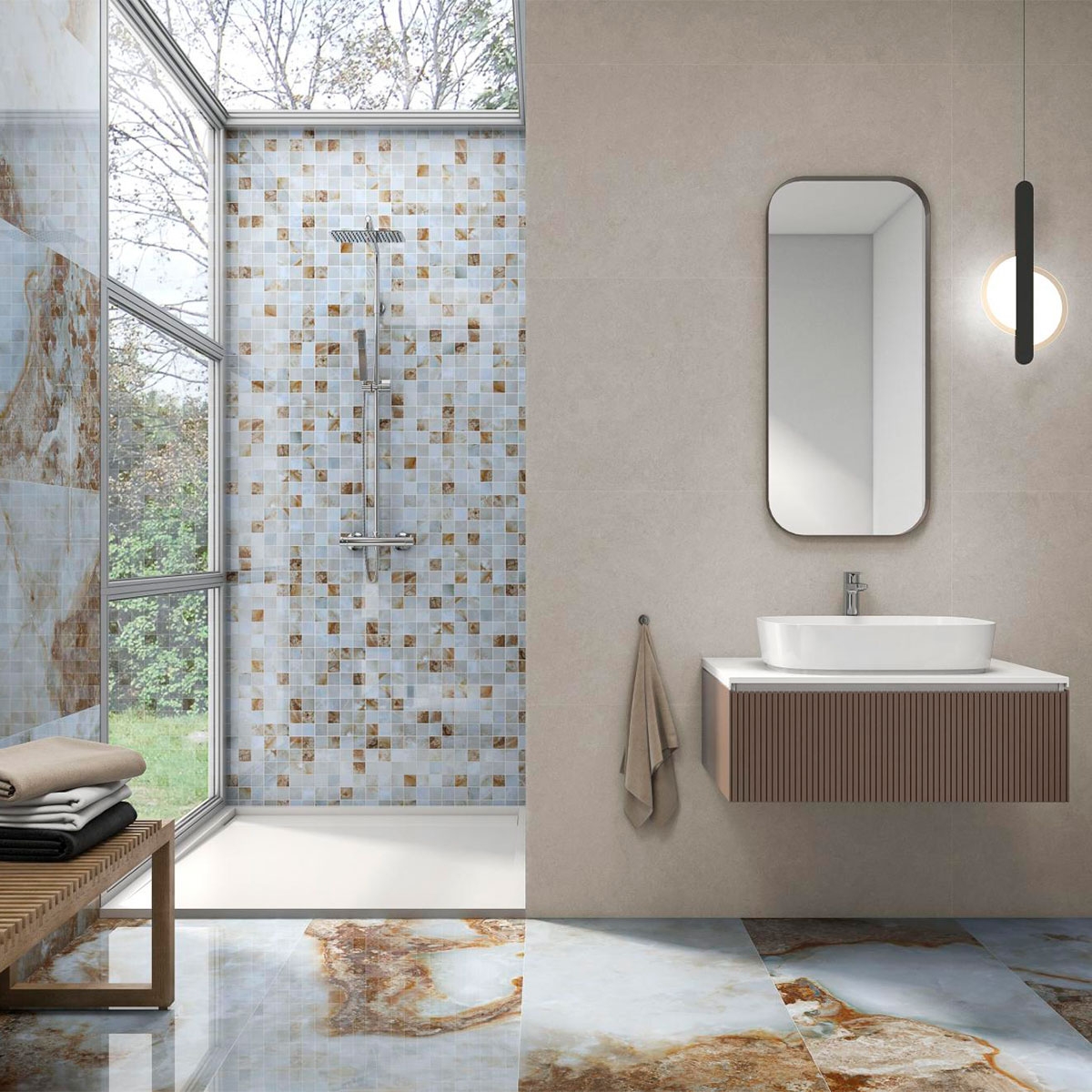 Salle de bain avec bardage et sol CR Lux Danae Esmeralda 60x120
