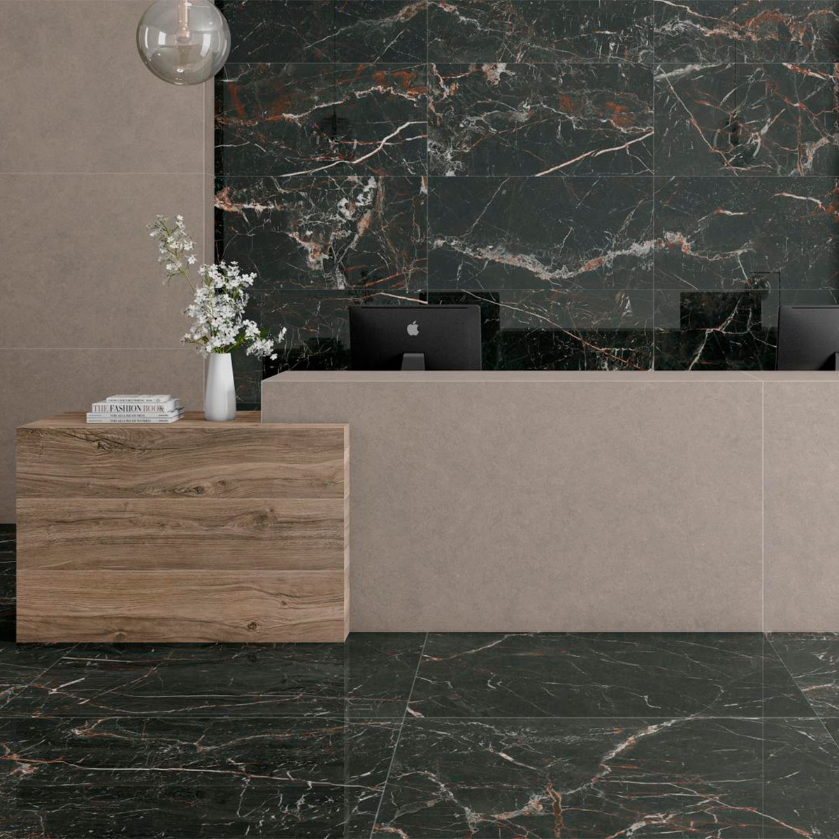 Sala de estar com revestimento CR Lux Laurants Brown 120x120