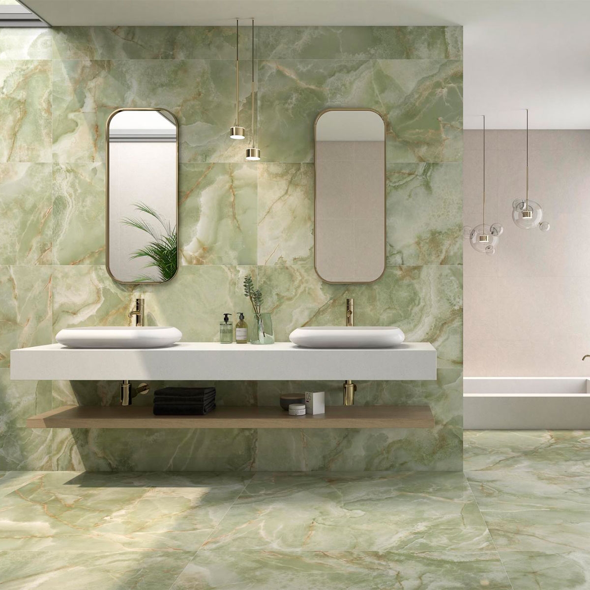 Casa de banho com piso e azulejos de parede CR Lux Noor Apple 60x120