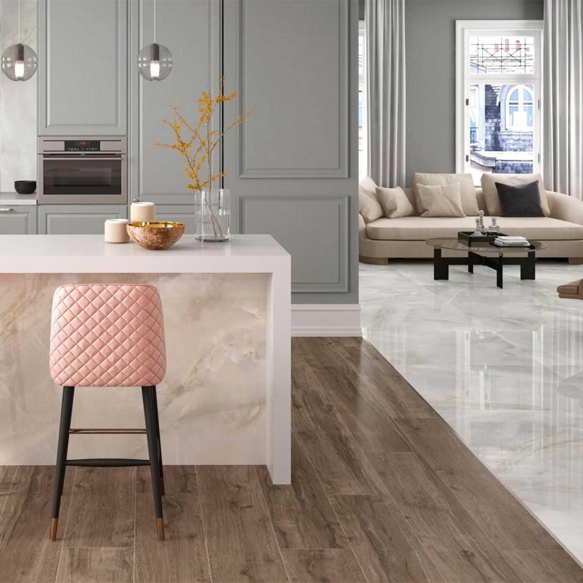 CR Sardonyx Cream Polished Kitchen with flooring 60x120