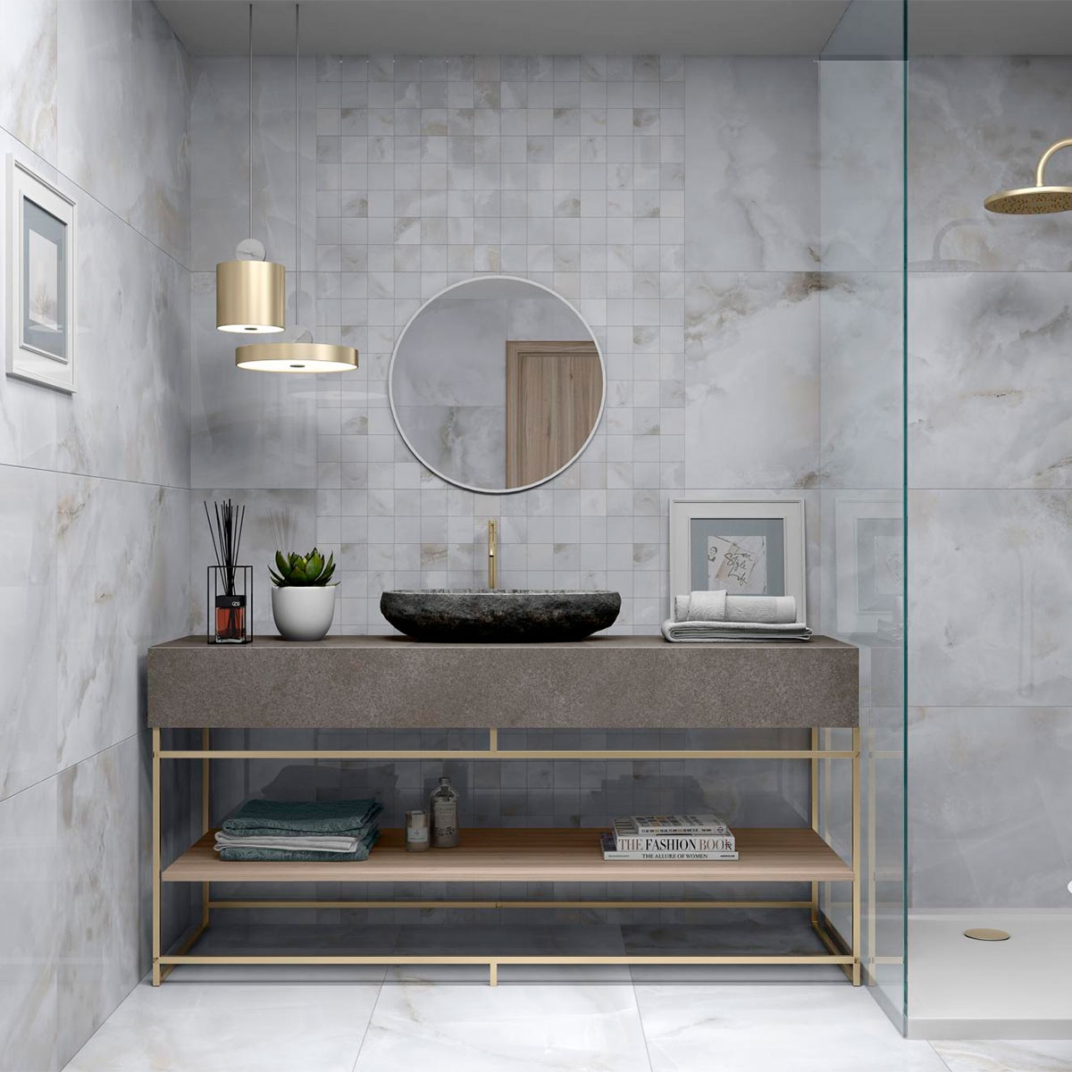 Badezimmer mit CR Sardonyx Pearl Boden 120x120