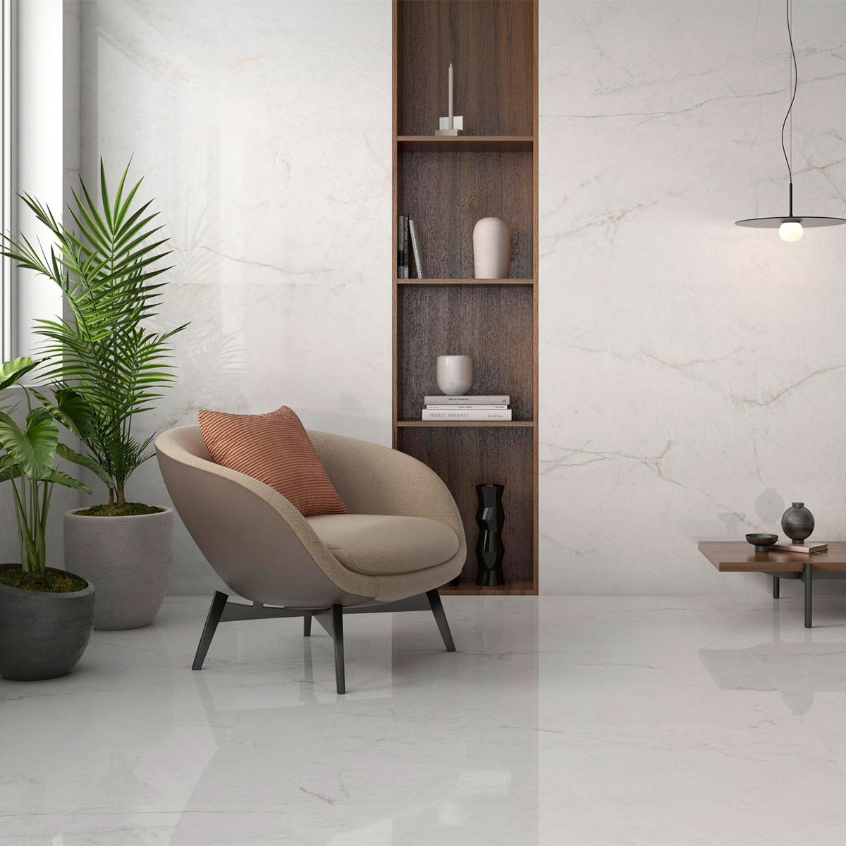 Sala de estar com revestimento Crystal White 60x120