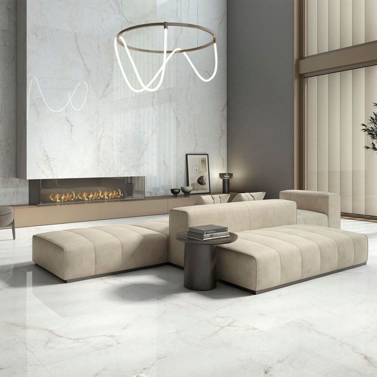 Living room with floor and wall tile Crystal White Polished 120x120