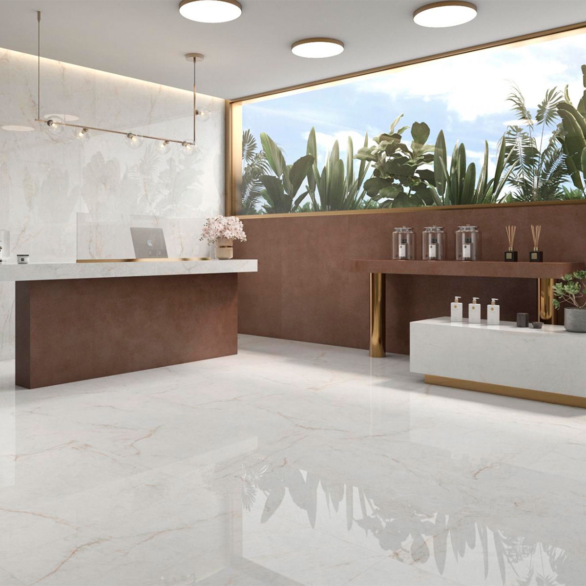 Interior con pavimento y revestimiento Crystal White Pulido 120x120