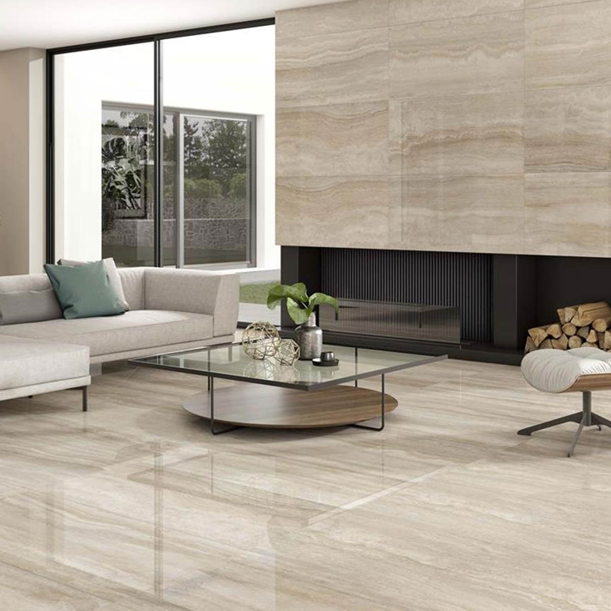 Sala de Estar com Azulejos de Chão e Paredes Cupid Cream 60x120