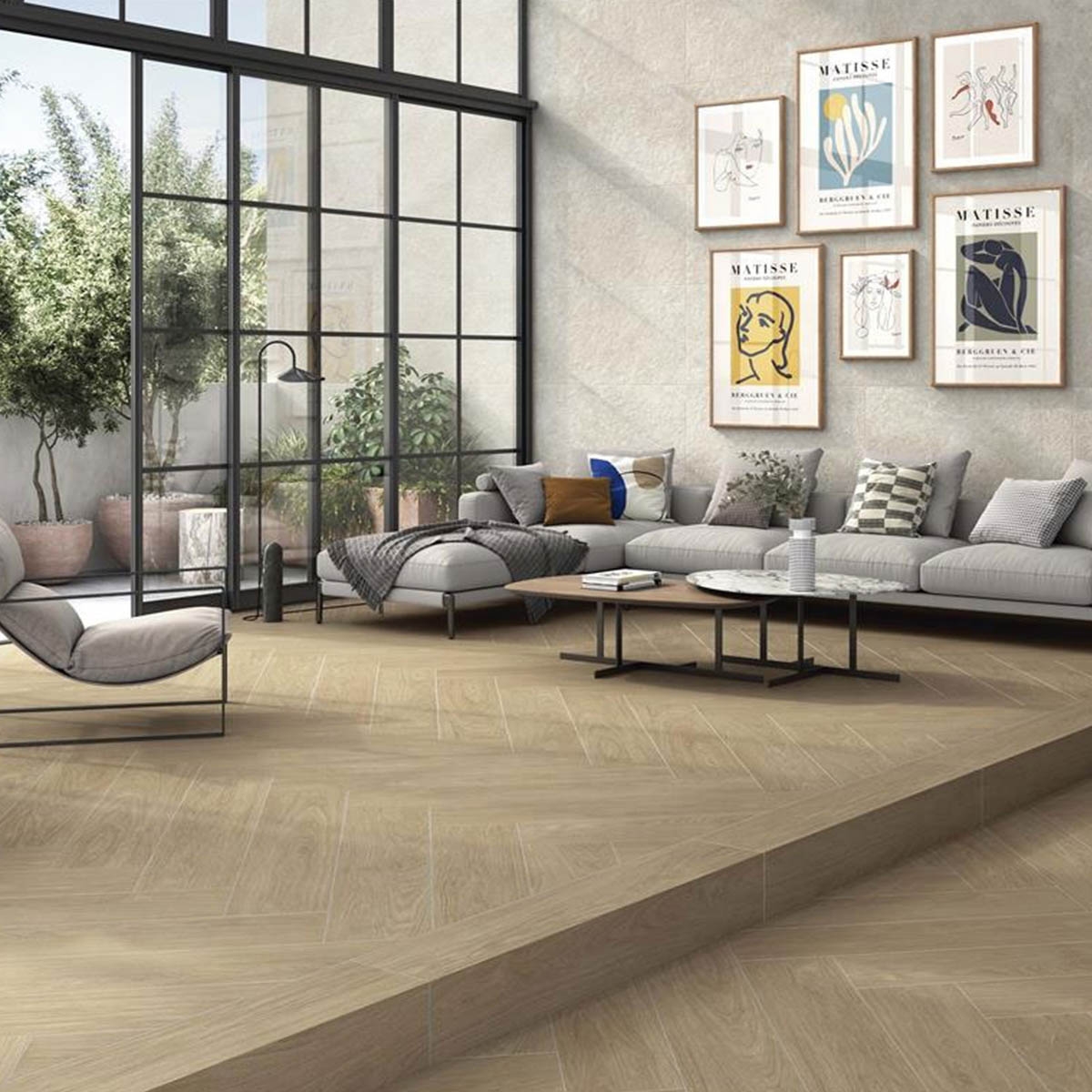 Interior con Pavimento Lionel Haya 23x120