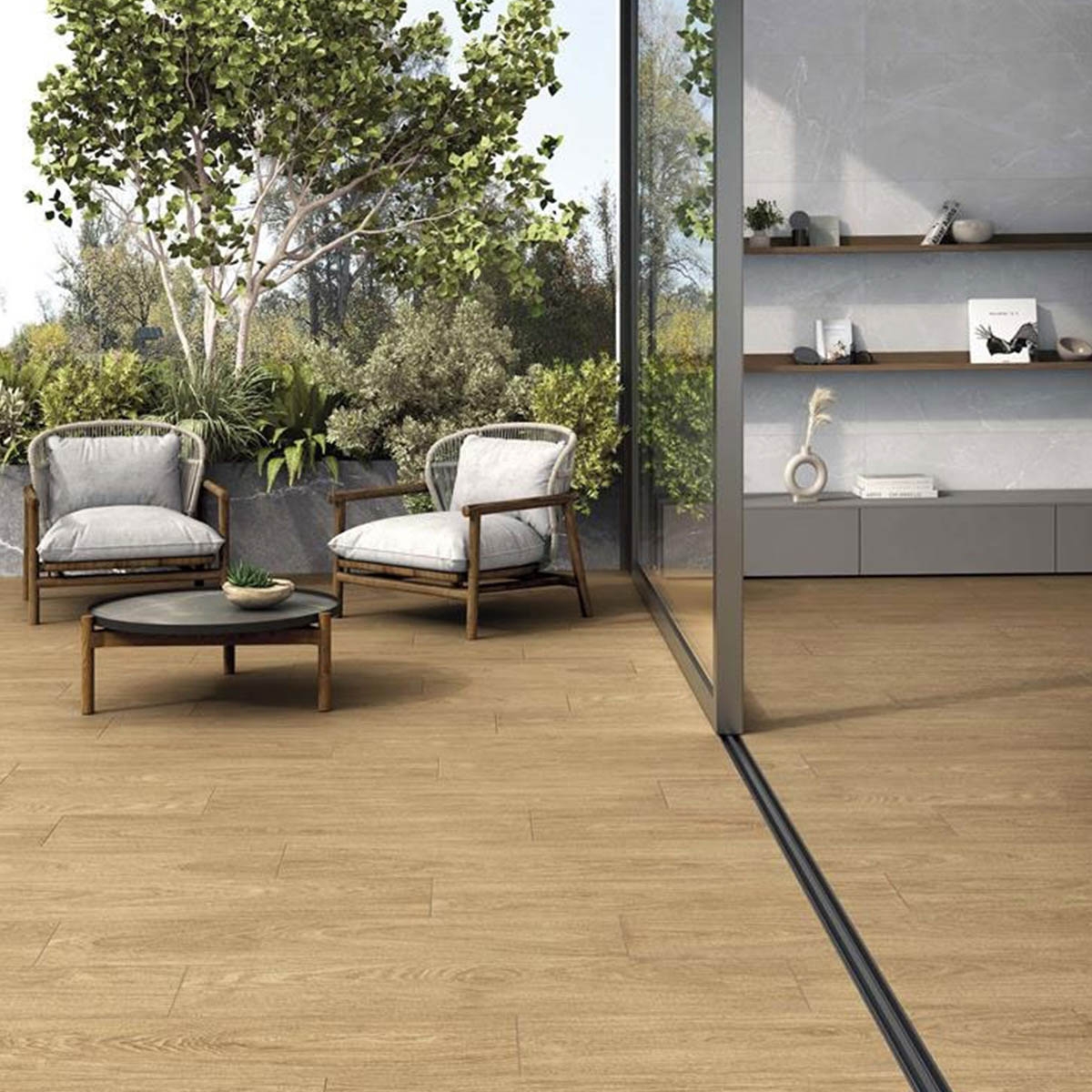 Interior y exterior con Pavimento Lionel Miel Antideslizante 23x120