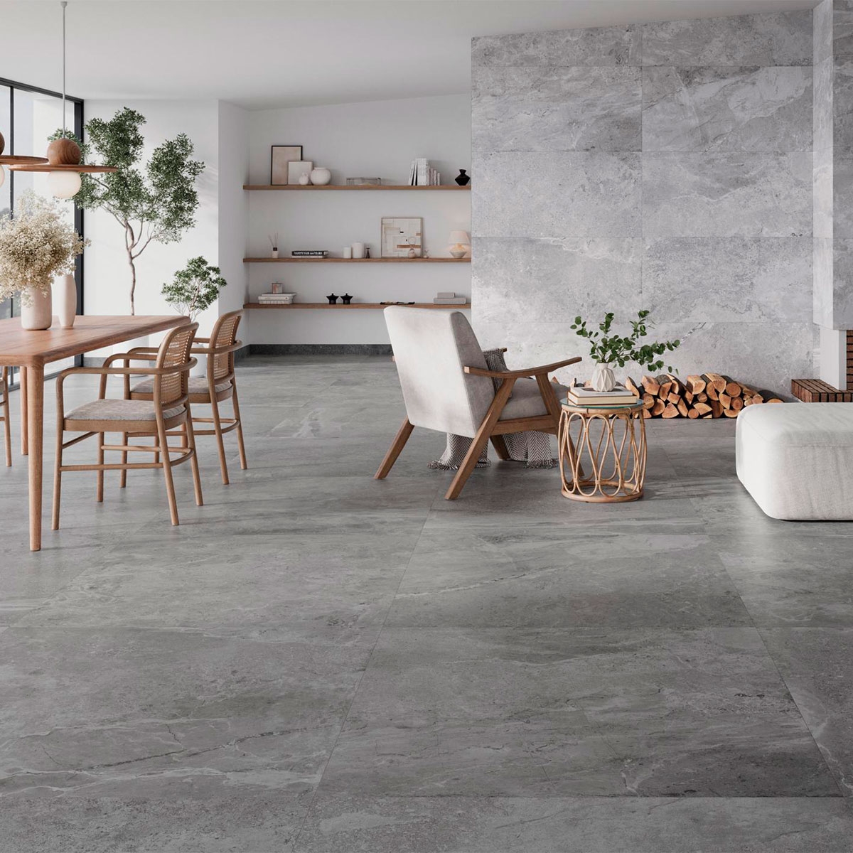 Interior con pavimento Es Erding Grey 60x60