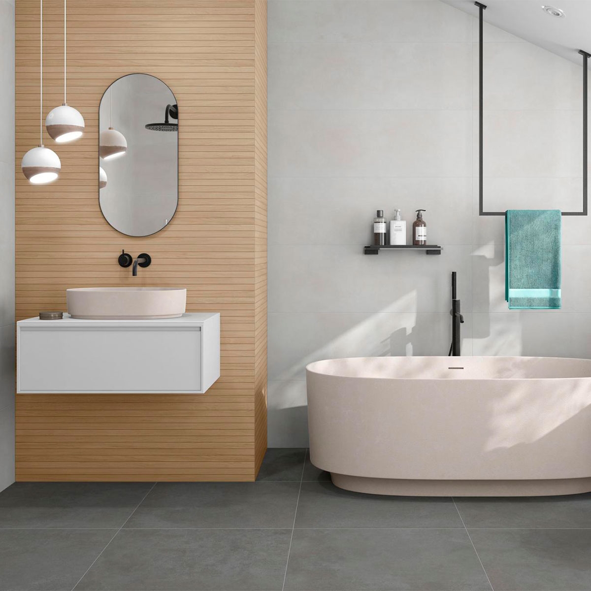 Baño con pavimento ES Omnia Argent 60x60
