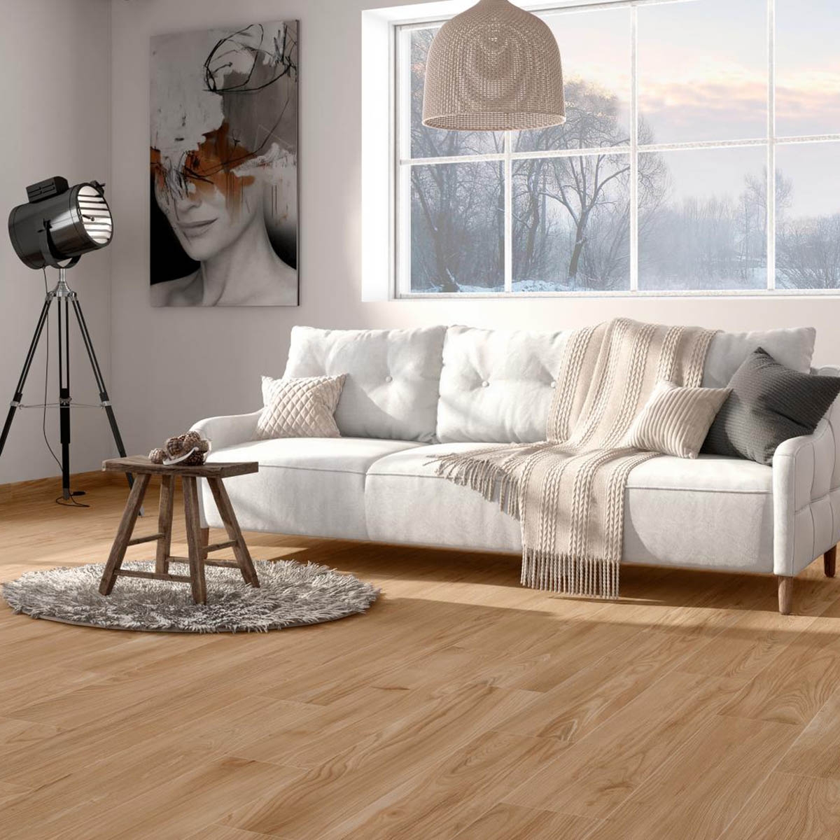 Sala de Estar com Pavimento AT Aire Roble 20x120