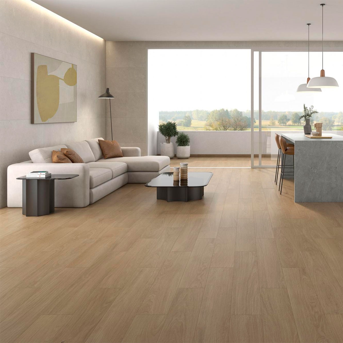 Interior con pavimento Kalon Roble 20x120