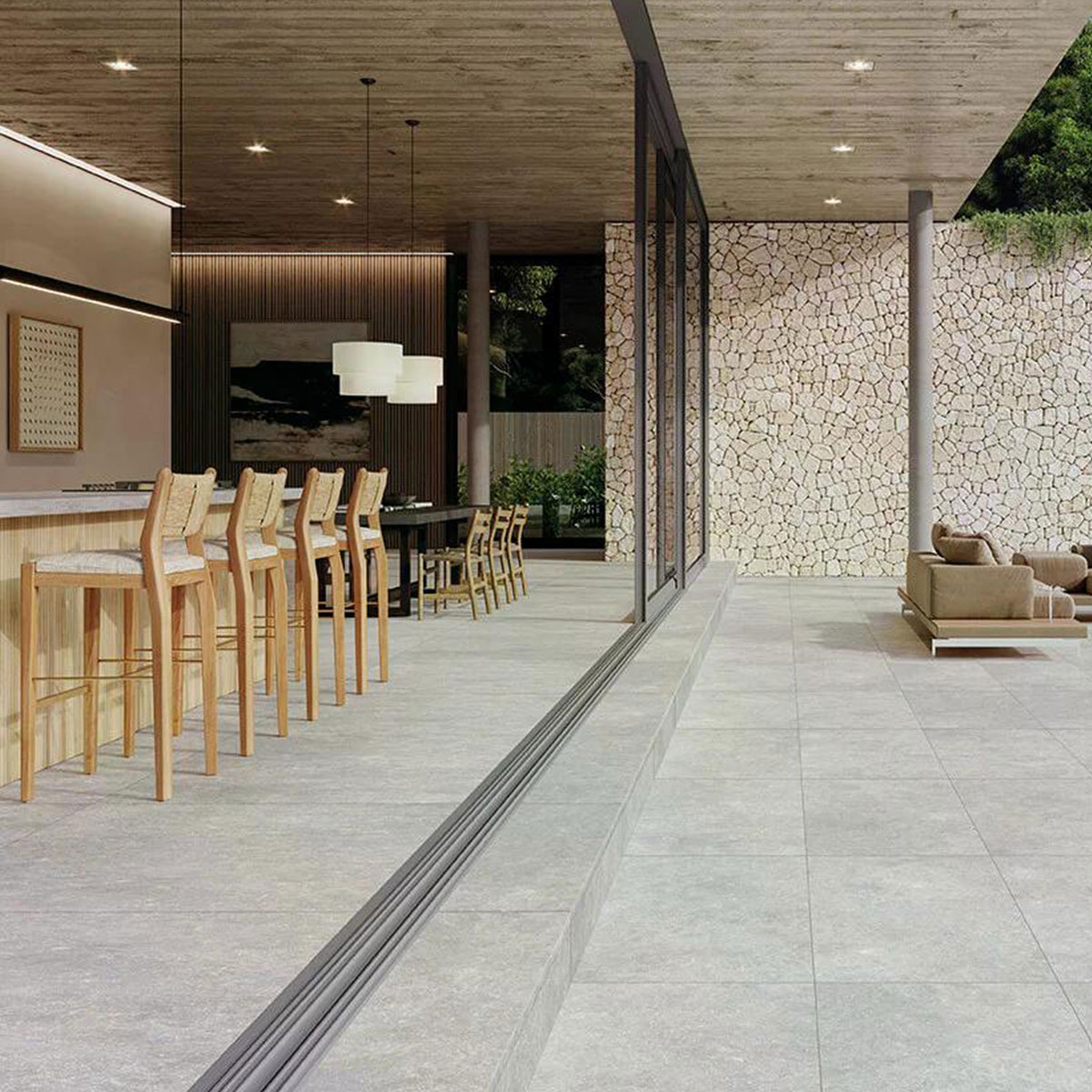 Interior con pavimento Ardenas Cromo 11mm 120x120