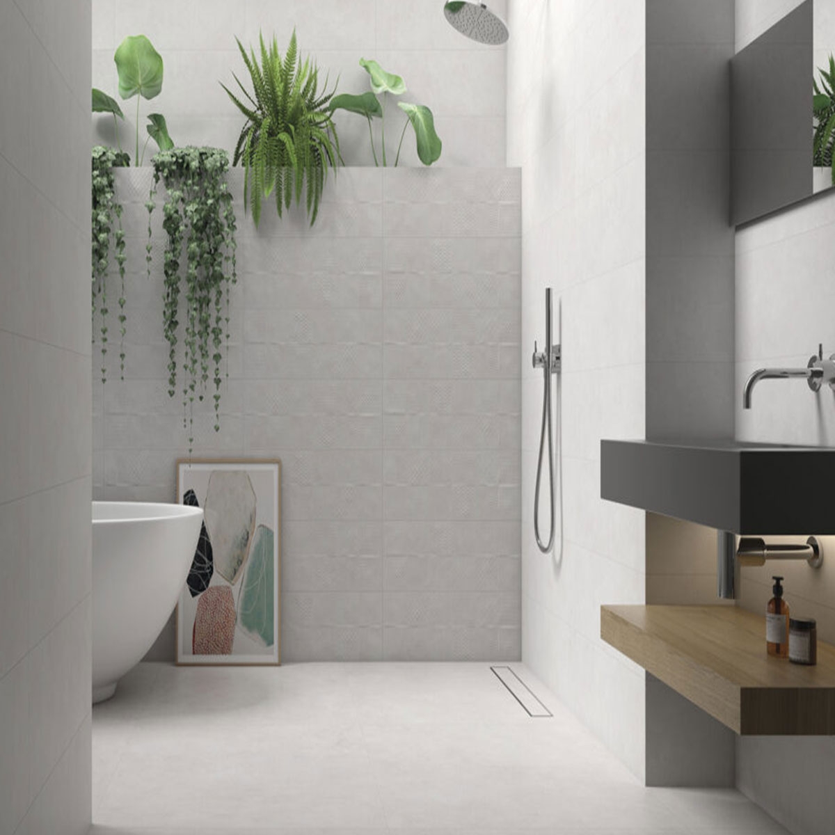 Badezimmer mit Zero P.B. Pearl Relief-Beschichtung 30x90.