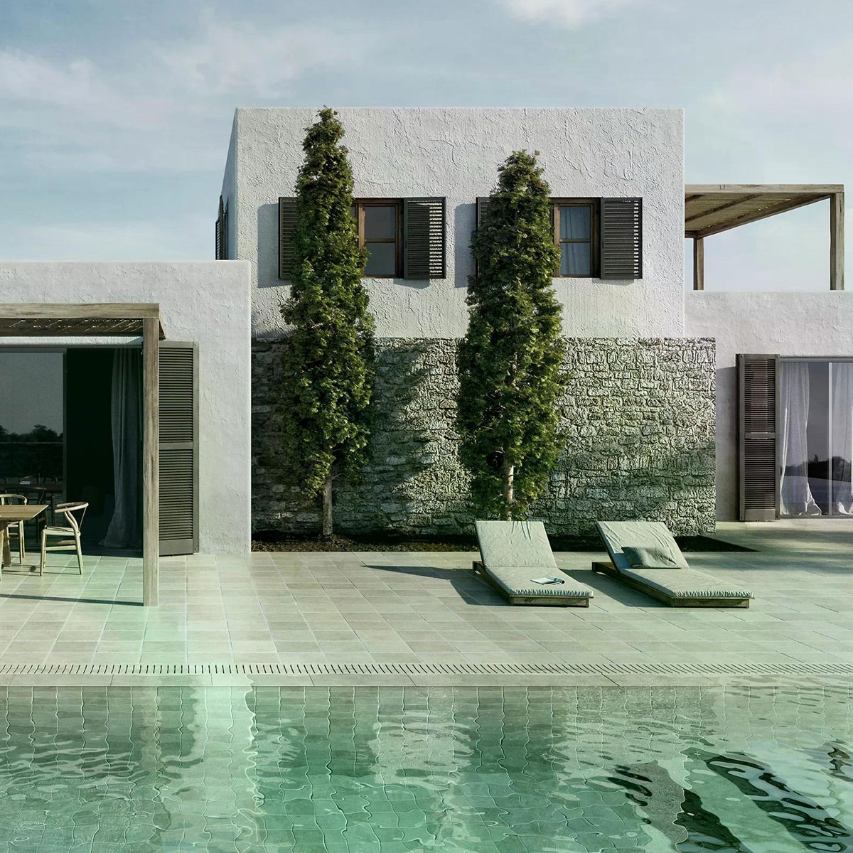 Swimming pool with pavement and coating Provenza Bianco Non-slip 8mm 16x16