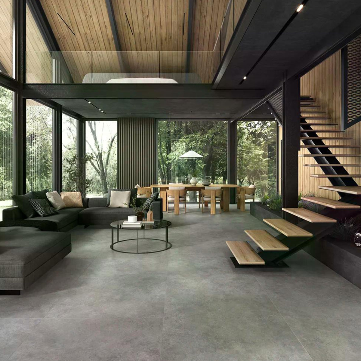 Interior com pavimento Provenza Nebbia 120x120