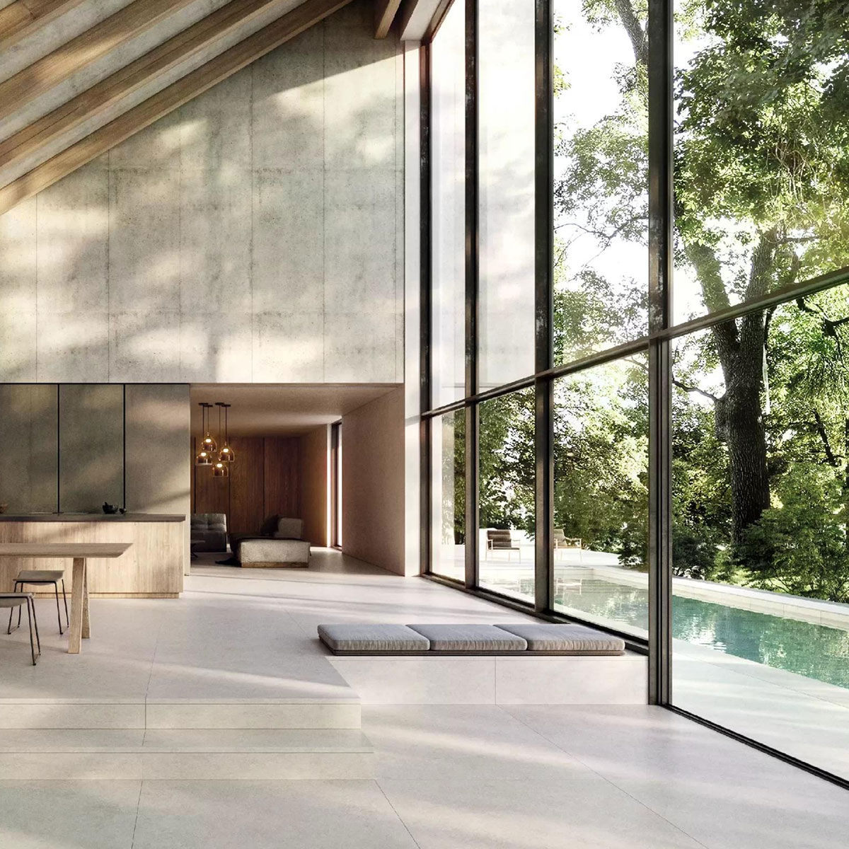 Interior con pavimento Bedford White 120x120