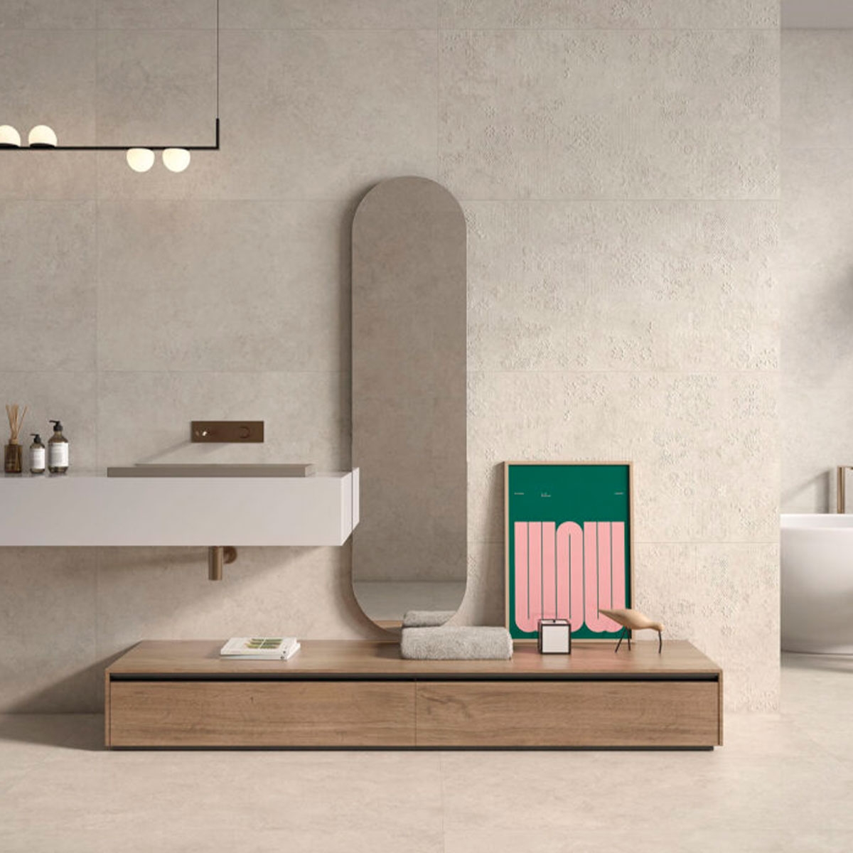 Salle de bain avec carreaux de sol et mur Stratos Cross Bone Mate 60x120 (Boîte 1,44m2)