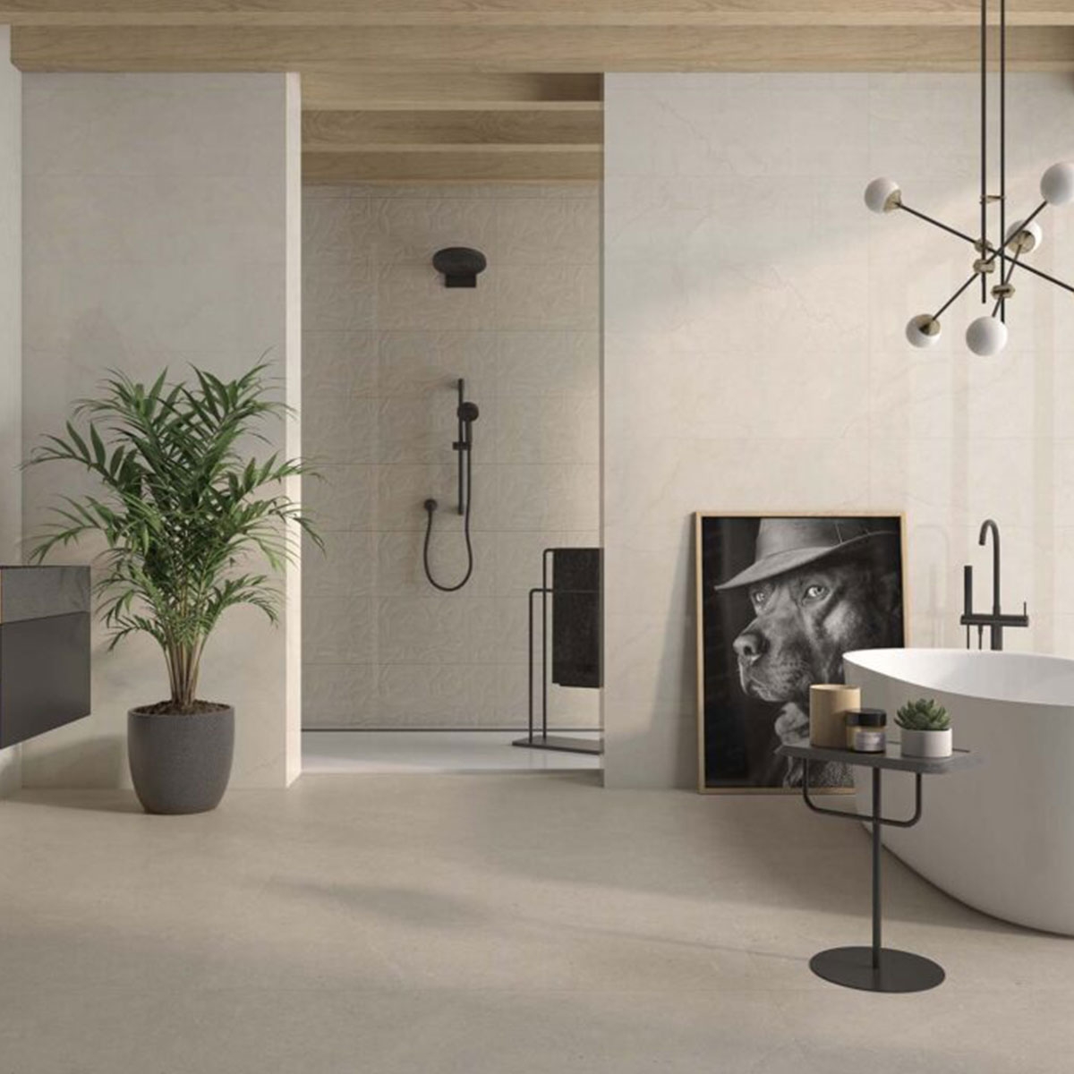 Badezimmer mit Vittoria P.B. Ivory Relief Coating 33,3x100