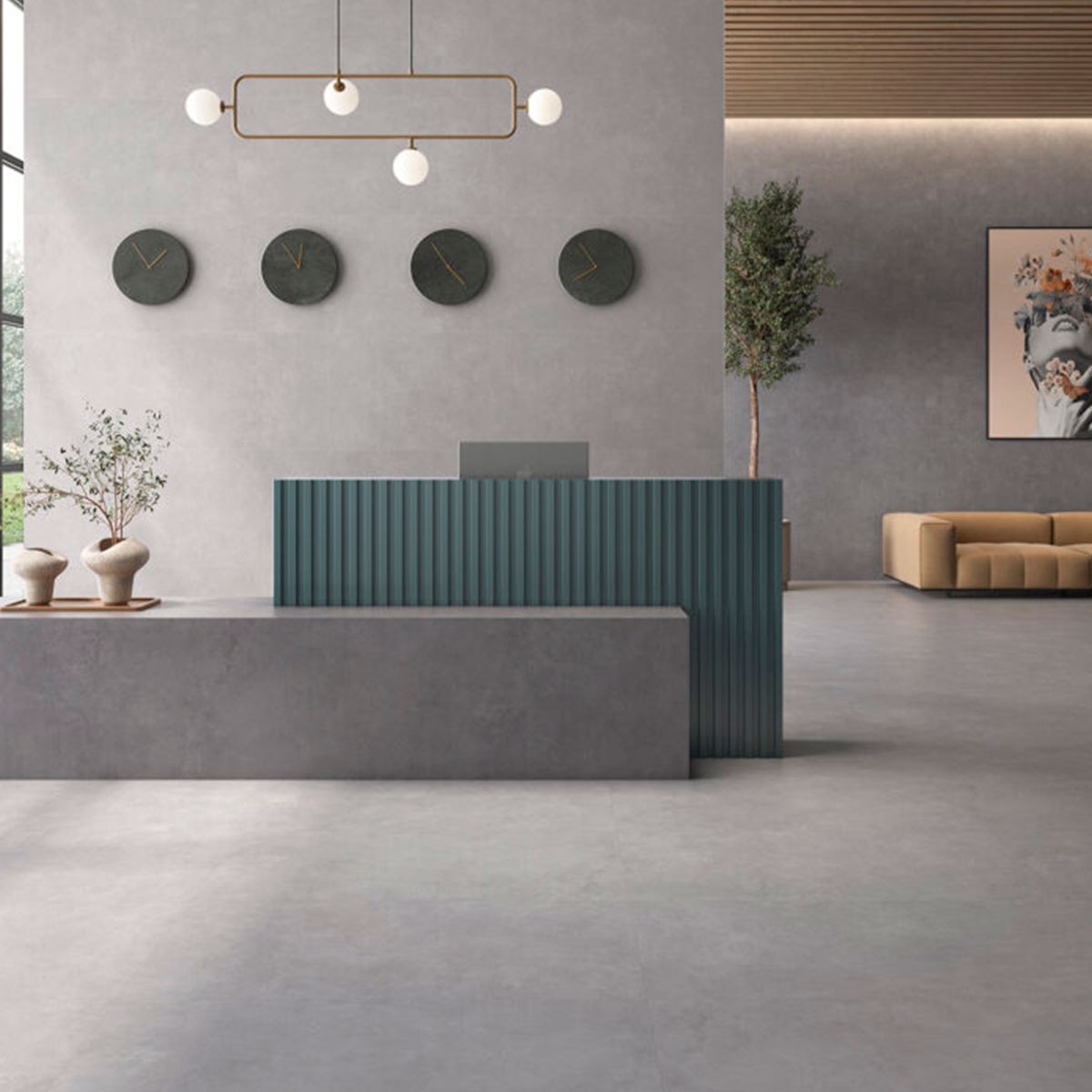 Intérieur avec sols et revêtement en Zero Ash 60x120 (Boîte 1,44 m2)