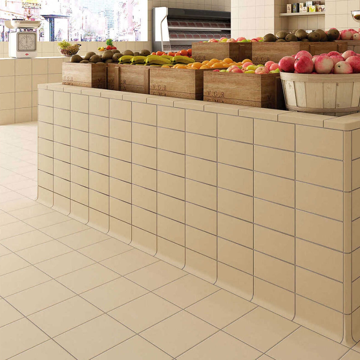 Innenraum mit Basis 24 Proyect Ocker-rutschfeste Beschichtung 24,5x24,5