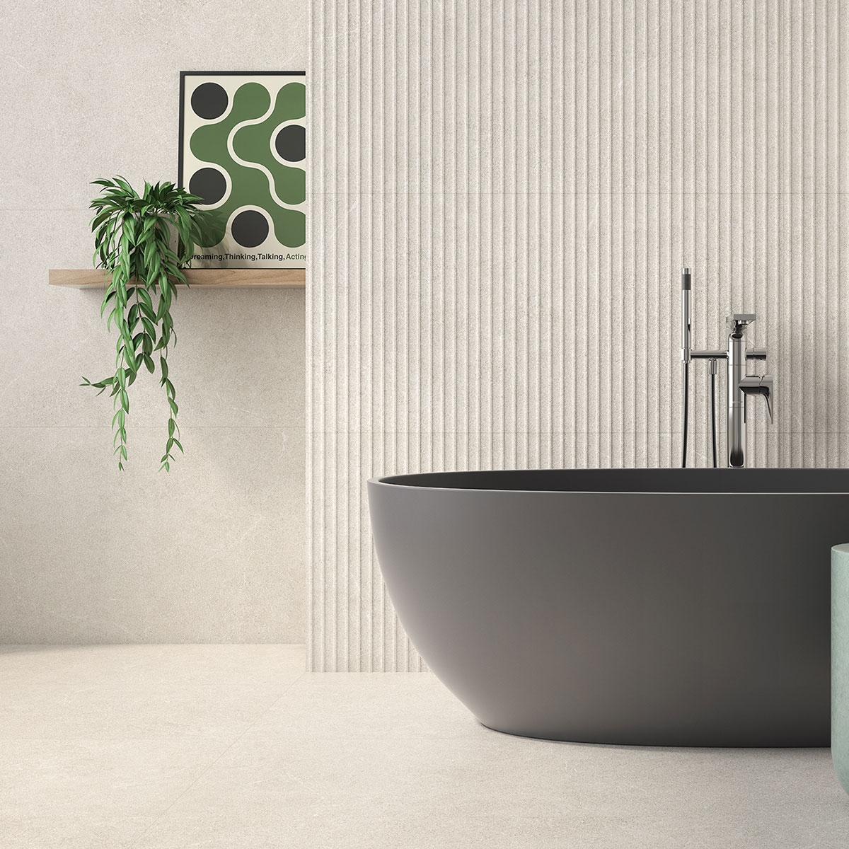 Baño con pavimento y revestimiento Materia Arena 60x120