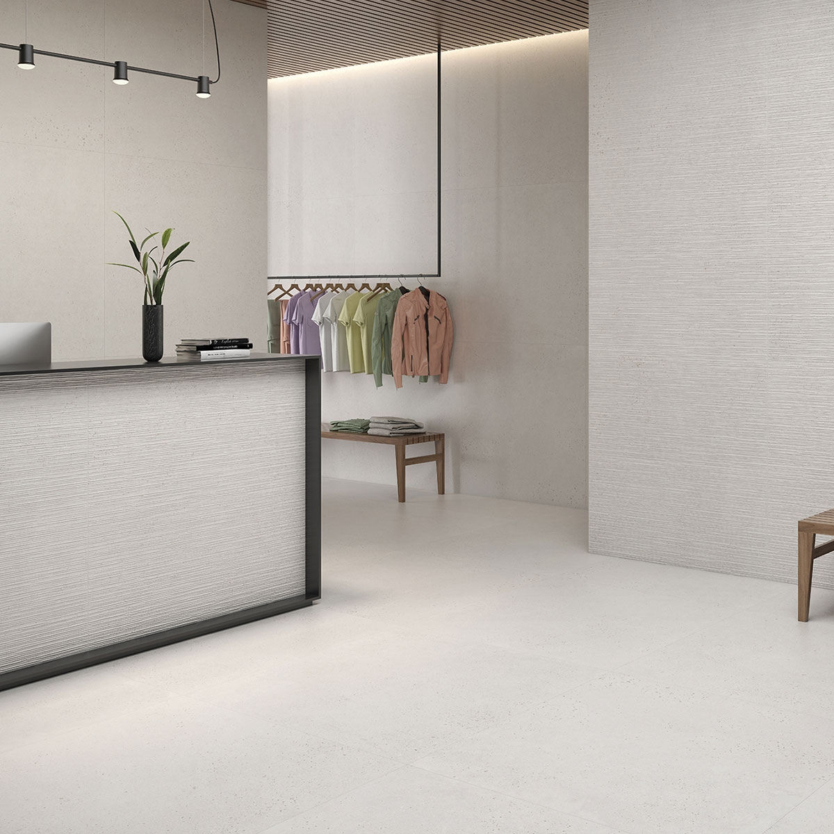 Interior with floor and wall covering Memory White 120x120