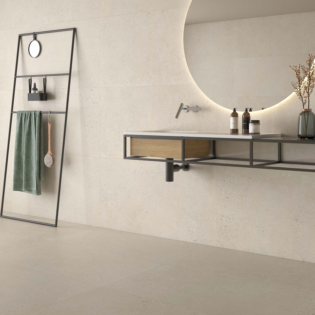 Baño con pavimento y revestimiento Memory Marfil 60x120