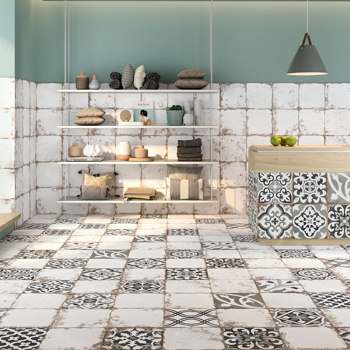 Interior con pavimento y revestimiento Antique White Antideslizante 33x33 (Caja 1,00m2)