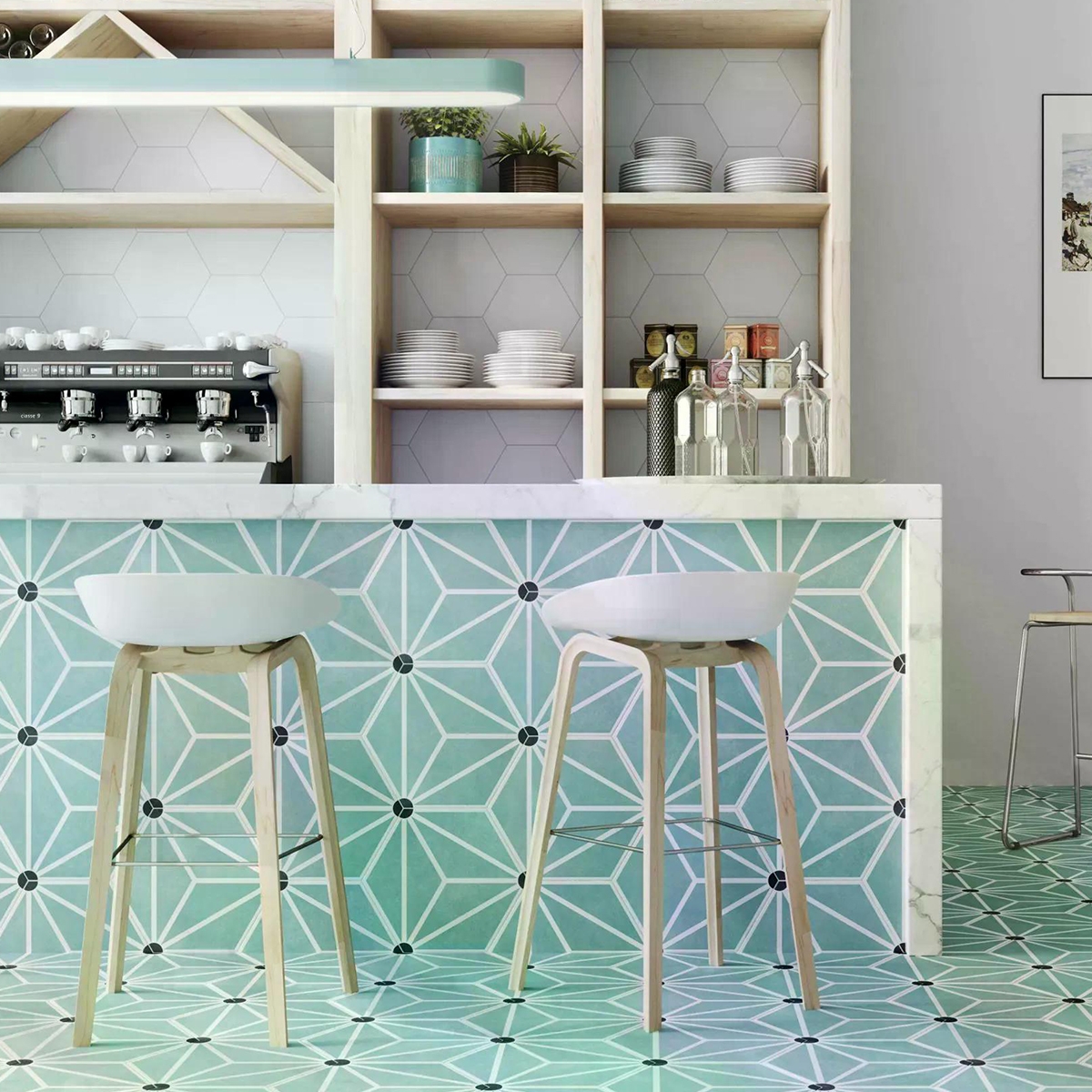 Interior con Revestimiento y Pavimento  Osaka Aqua 28.5x33