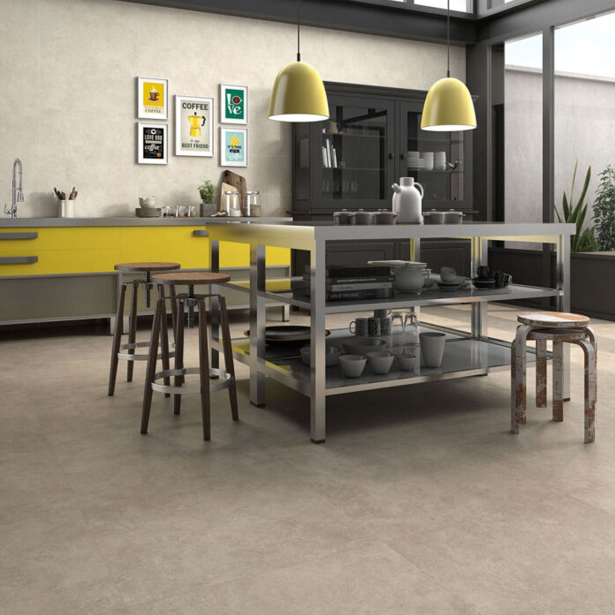 Cozinha com pavimento Sena Taupe 90x90