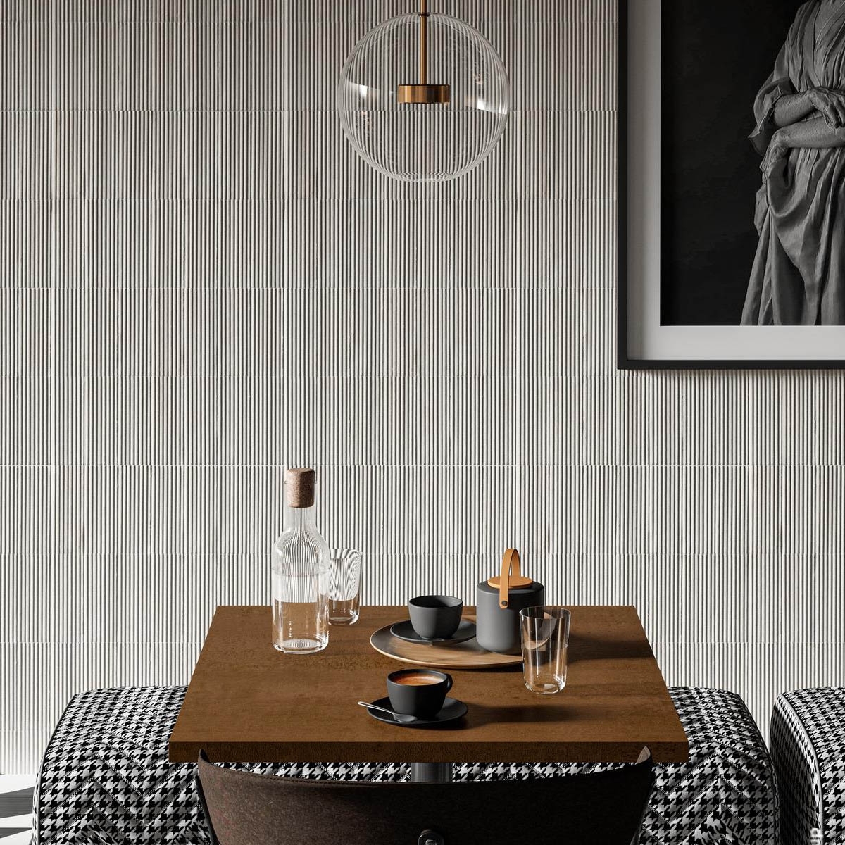 Interior con Revestimiento Rice Grigio Strutt. Pleat 3D Lux 7.5x20 (Caja 0.72 m2)