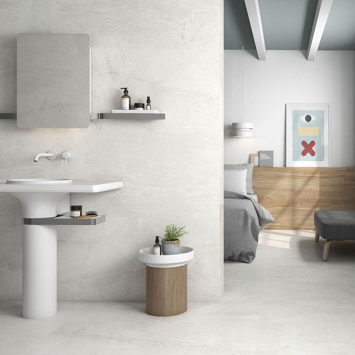 Baño con pavimento y revestimiento Persa Blanco 60x120