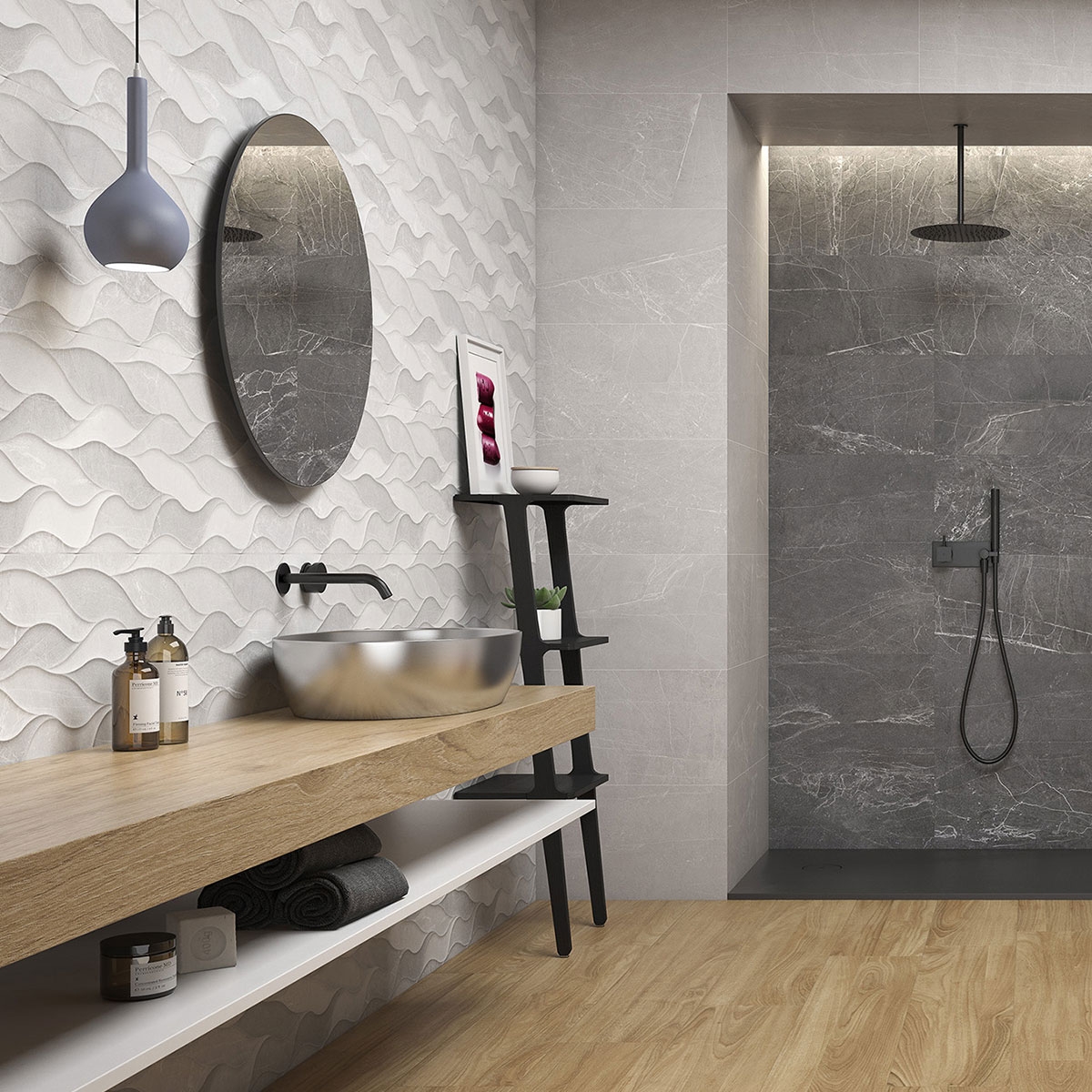Baño con revestimiento Persa P.R Relieve Gris 33.3x55
