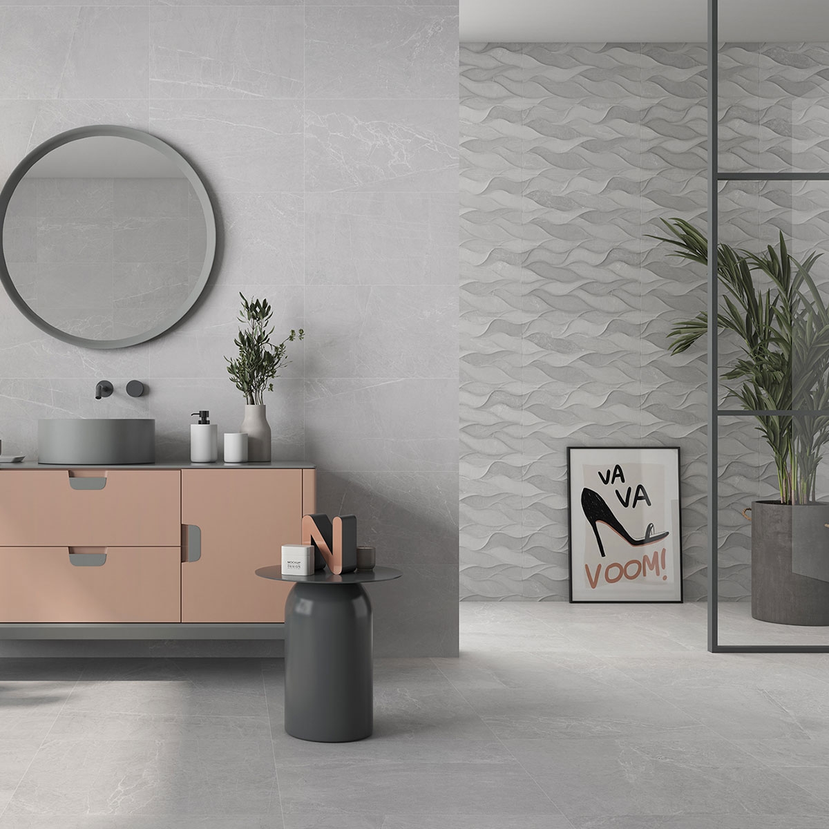 Baño con revestimiento Persa P.R Relieve Gris 33.3x55 (Caja 1.84m2)