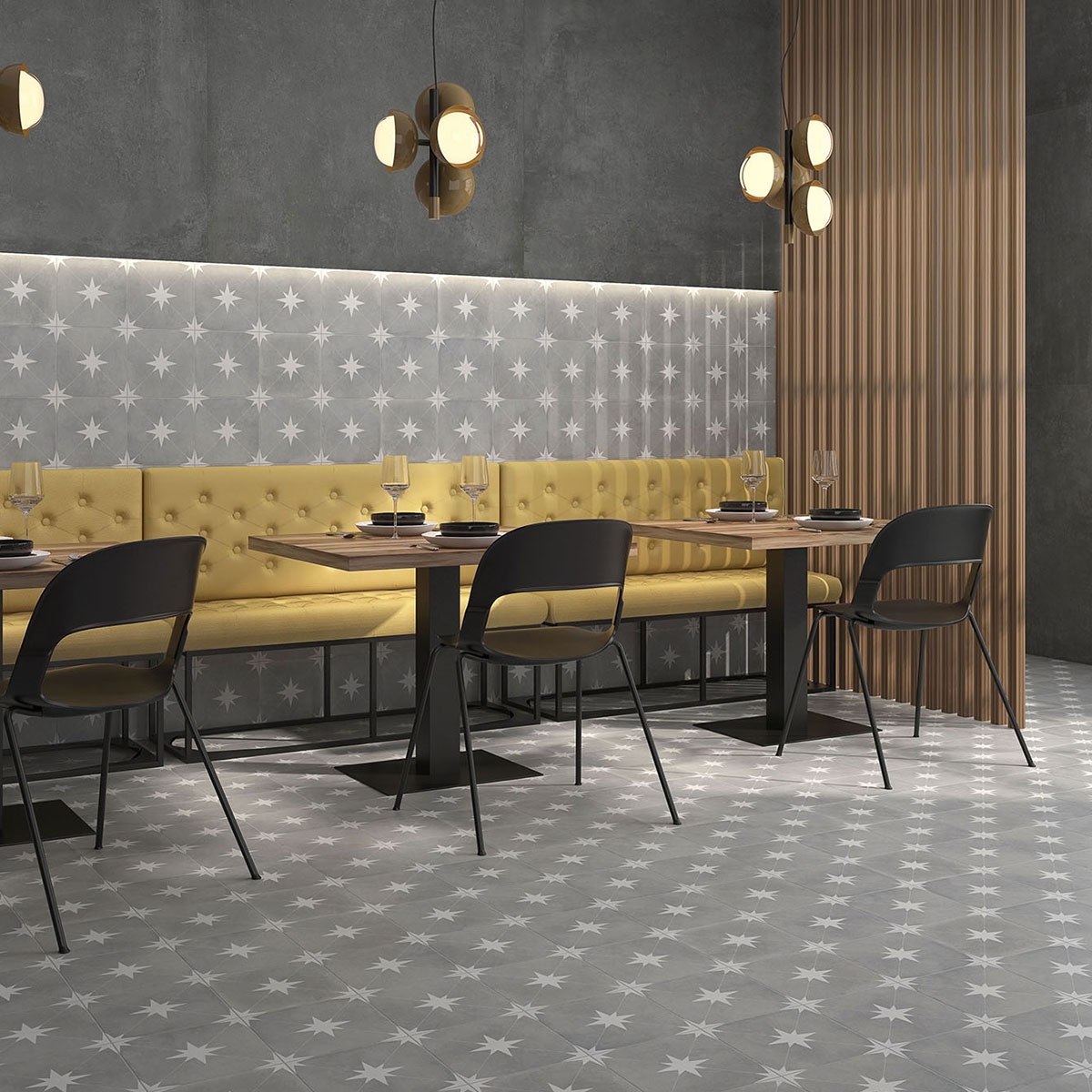 Interior con pavimento y revestimiento Ponent Grey 22.3x22.3